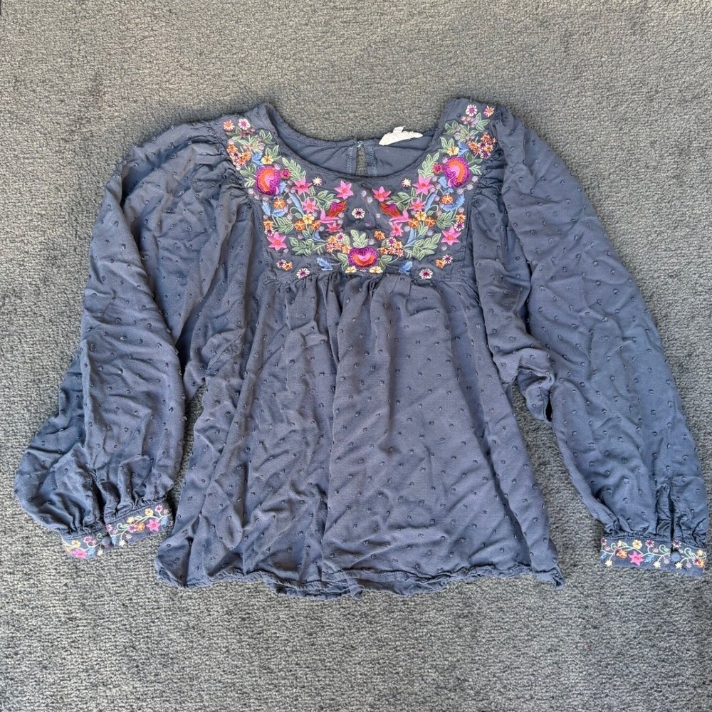 Solitaire Slate Blue Clip Dot Embroidered Floral Bird Blouse Top Large 19-1329